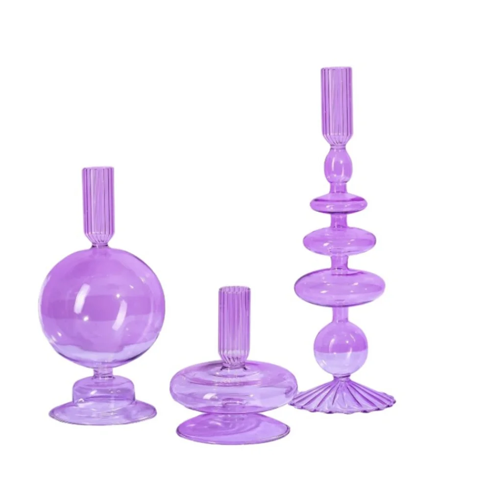 NEW Purple 3 Pcs Glass Candlestick Glass Taper Candle Holders